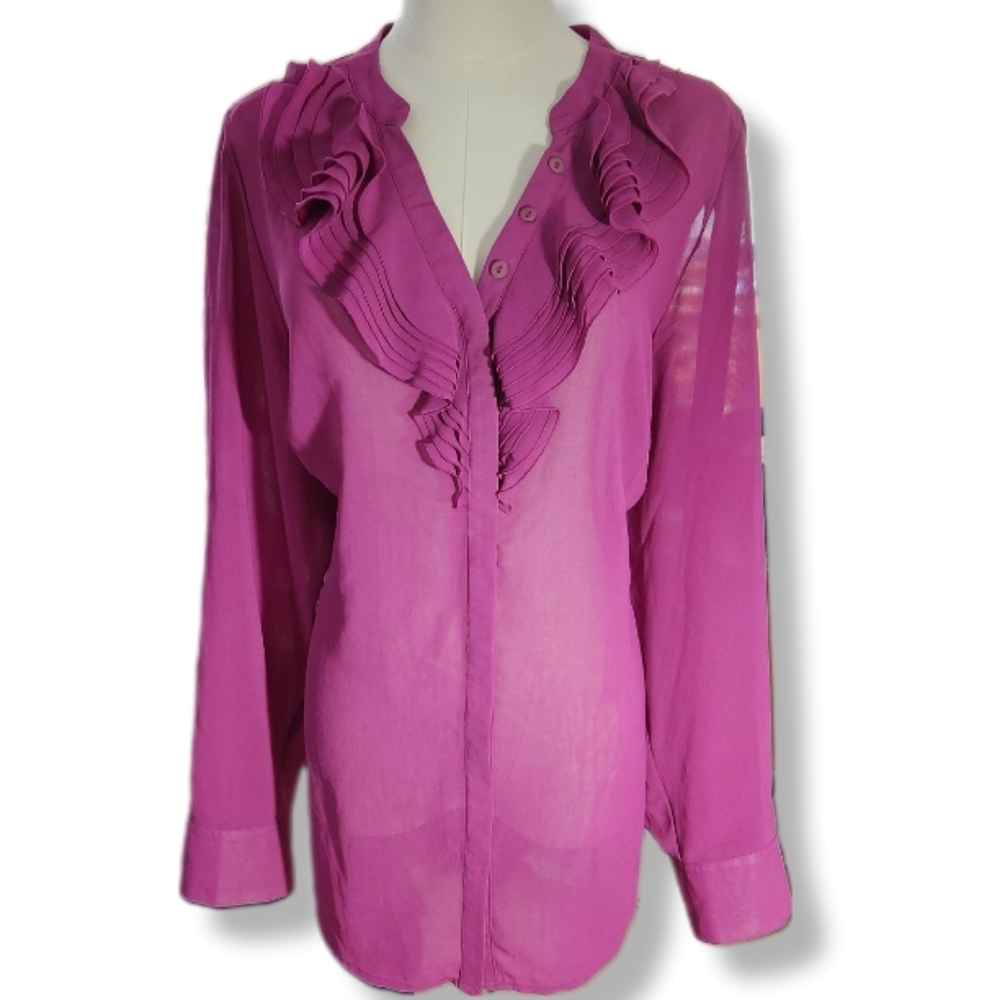 Lane Bryant Elegant Pink Ruffled Women's Button Up Long Sleeve Blouse Top 18/20